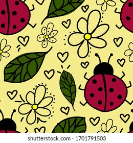 ladybugs hand drawn background. Colorful background with animals. Decorative cute wallpaper, good for printing. Overlapping vector background. Design illustration