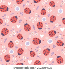 Ladybugs, hearts and flowers seamless background repeating pink pattern, wallpaper background, cute valentines love background