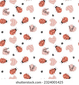 Ladybugs and hearts. Simple pattern. Seamless pattern, vector illustration