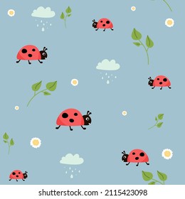 Ladybugs leaves flowers seamless pattern on blue . Cute bugs. Wrapping paper, wallpaper, textile for children. floral background.