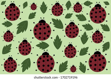 Ladybugs and leaves on green background.