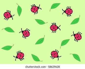 ladybugs and leaves on the green background