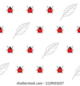 Ladybugs and leaves seamless pattern, texture; background. Red ladybugs on white background. Vector illustration