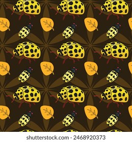 Ladybugs With Leaves Seamless Vector Pattern Design