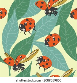 Ladybugs and leaves vector seamless pattern for decoration, packaging, textiles. Flat design, hand-drawn cartoon.