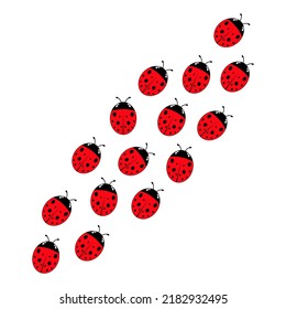 Ladybugs line way group. Cute ladybirds trail set. Vector illustration isolated on white.