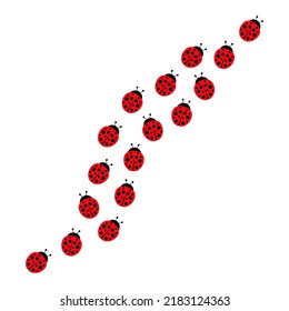 Ladybugs line way group. Cute ladybirds trail set. Vector illustration isolated on white.