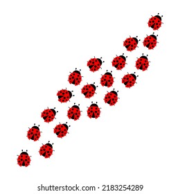 Ladybugs line way group. Cute ladybirds trail set. Vector illustration isolated on white.