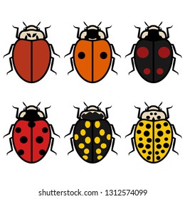 Ladybugs logos symbols icons signs set. A collection of an illustrations of ladybugs, isolated, in various colors (black, orange, yellow, red, brown, dark red) and different number of spots, outlined.