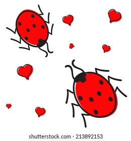 Ladybugs in love with hearts isolated on white