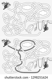 Ladybugs maze for kids with a solution in black and white