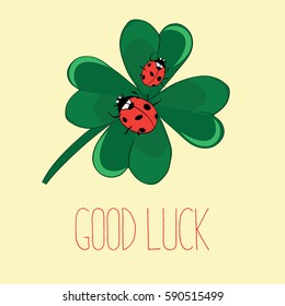 Ladybugs on cloverleaf. Vector illustration on yellow background. Good luck!