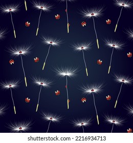 Ladybugs on dandelions in a pattern.Vector seamless pattern with colored background and ladybugs on dandelions.