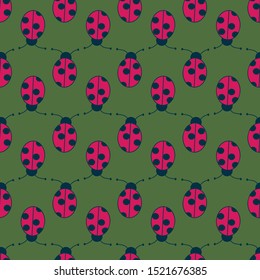 Ladybugs on green background, stripes, vector, surface pattern design
