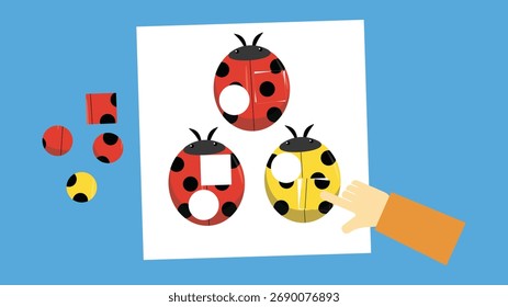 Mariquitas en una hoja de papel. Ilustración vectorial en estilo plano