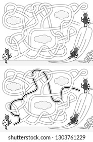Ladybugs on a slide maze for kids with a solution in black and white