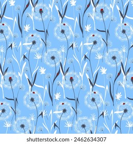Ladybugs on white dandelions.Vector seamless pattern with dandelions and ladybugs on a blue background.