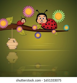 Ladybugs over a branch with a honeycomb and flowers - Vector