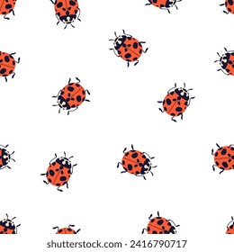 Ladybugs pattern. Seamless ladybirds background, repeating print. Lady bugs, dotted beetles, endless texture design for wallpaper. Flat vector illustration for wrapping, fabric, textile and decoration