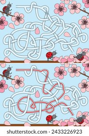 Ladybugs playing with cherry plum petals maze for kids with a solution