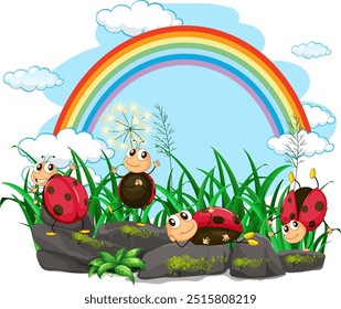Ladybugs playing on rocks with rainbow background