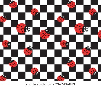 ladybugs print over black and white checkers background