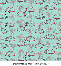 Ladybugs and red flowers on a delicate blue background