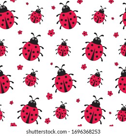 ladybugs with red flowers on white background. Seamless pattern.