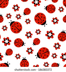 ladybugs with red flowers on white seamless pattern