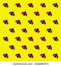 Ladybugs with red open wings, black head, insect on yellow background, illustration, vector