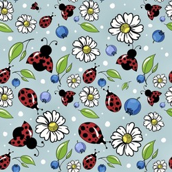 Ladybugs Seamless Background With Daisies And Ladybugs. Print With Insects And Flowers For Fabric And Paper, Hand Drawing, Vector. Wildflowers Seamless Print