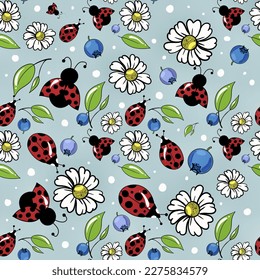 Ladybugs seamless background with daisies and ladybugs. Print with insects and flowers for fabric and paper, hand drawing, vector. Wildflowers seamless print