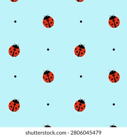 Ladybugs seamless pattern with crawling insects and dots on blue background for fabric textile commercial print