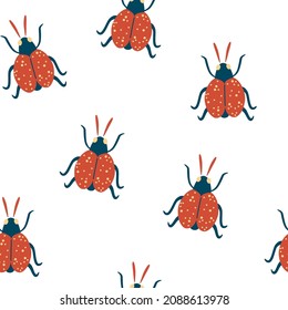 Ladybugs seamless pattern. Cute hand draw enamored insect. Summer background. Textile design for kids. Perfect for fashion wear, t-shirt print, textile, surface design. Vector illustration