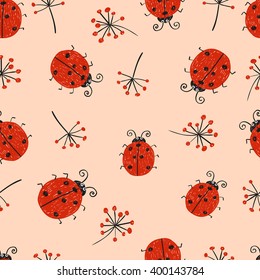 Ladybugs seamless pattern. Cute ladybirds and branches on pink background. 