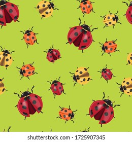 Ladybugs Seamless pattern green background. Spring and summer time theme. Template design for invitation, poster, card, fabric, textile. Cute holiday illustration for baby.