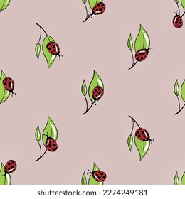Ladybugs seamless pattern, hand drawn, vector. Insects print for fabric, paper.