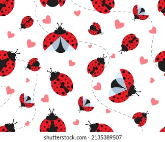 Ladybugs seamless pattern. Repeating image for printing on gift wrapping paper. Insects and nature, wild environment. Modern summer design for cover and postcard. Cartoon flat vector illustration