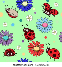 Ladybugs seamless pattern. Vector repeating illustration with cute doodle ladybirds.