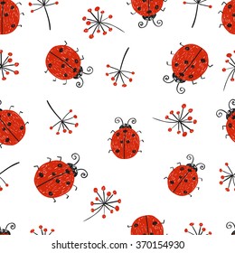 Ladybugs seamless pattern. Vector repeating wallpaper with cute doodle ladybirds. 