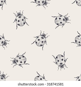 Ladybugs seamless pattern. Vintage hand drawn insects.