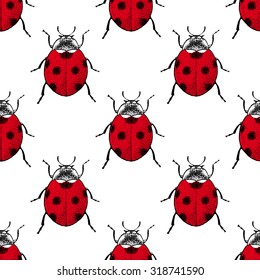 Ladybugs seamless pattern. Vintage hand drawn insects.