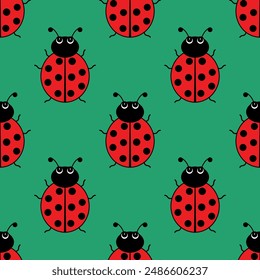 ladybugs Seamless vector pattern. On a green background. Suitable for textile, clothing, packaging kids pattern print