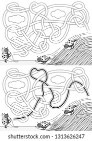 Ladybugs sliding on grass - maze for kids with a solution in black and white