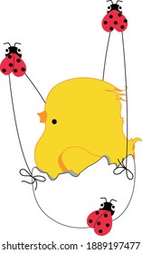 Ladybugs soar in the air with a newborn chick. this is a happy chicken - a symbol of something new, a symbol of the Easter holidays.
