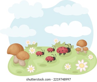 Ladybugs. Spring illustration with the image of ladybirds. A green clearing with ladybugs and mushrooms. A green clearing against a blue sky. Vector