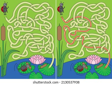 Ladybugs sunbathing on leaves maze for kids with a solution