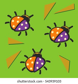 Ladybugs unusual colors. Three colorful spotted bug on a pale green background with a geometric figures. Flat style.