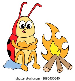 ladybugs were freezing cold by the fire, character cute doodle draw. vector illustration