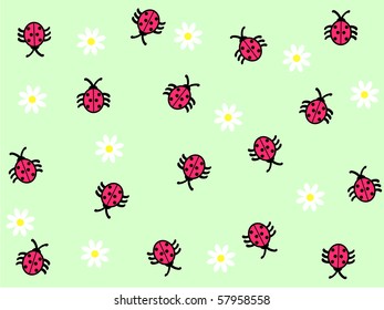 ladybugs and white daisies on the green background